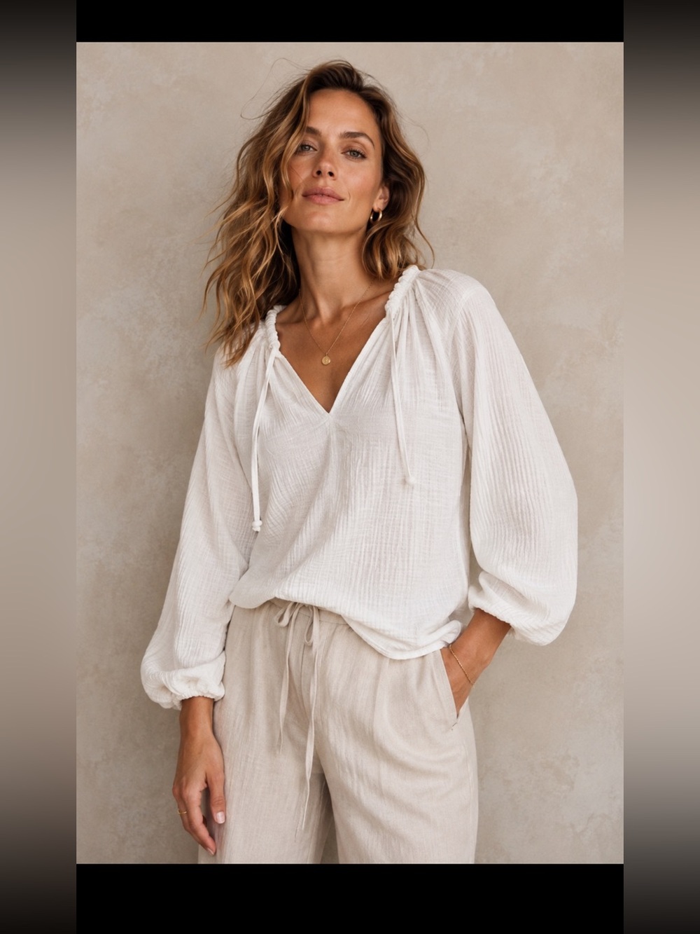 H&M White Cotton Gauze Peasant Blouse Size L Balloon Sleeve Boho Top